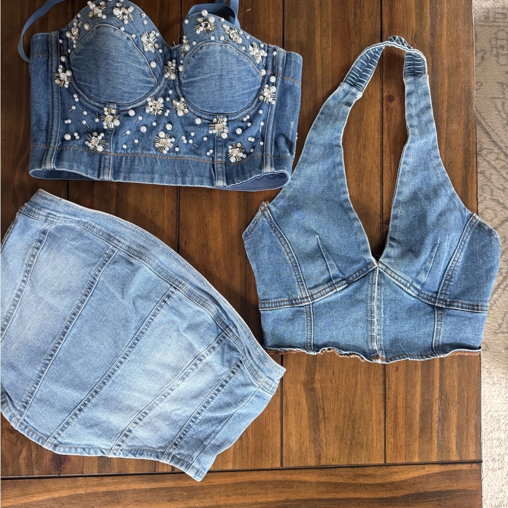 Denim Halter and Embellished Crop Top Set